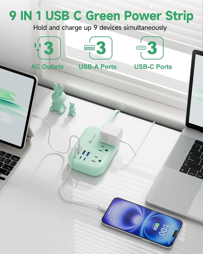 Beeiker 6 USB(3 USB C) Green Travel Power Strip- 5Ft Green Extension Cord with 6 USB Charging Station 24W and 3 Outlets, Cute Desk Accessories for Cruise Travel Kawaii Home Office Dorm Room - Image 3